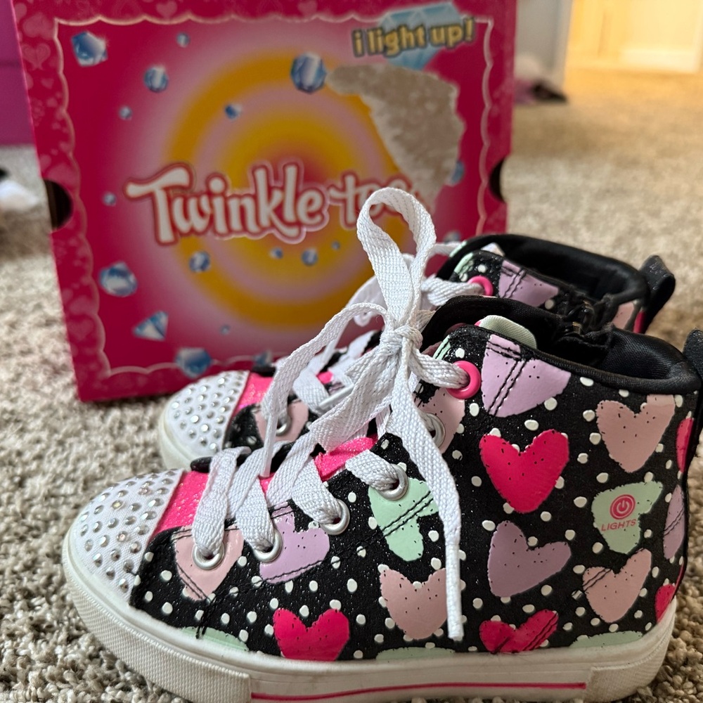 Skechers Twinkle Toes Heart Sneakers - Black, Pink, and White